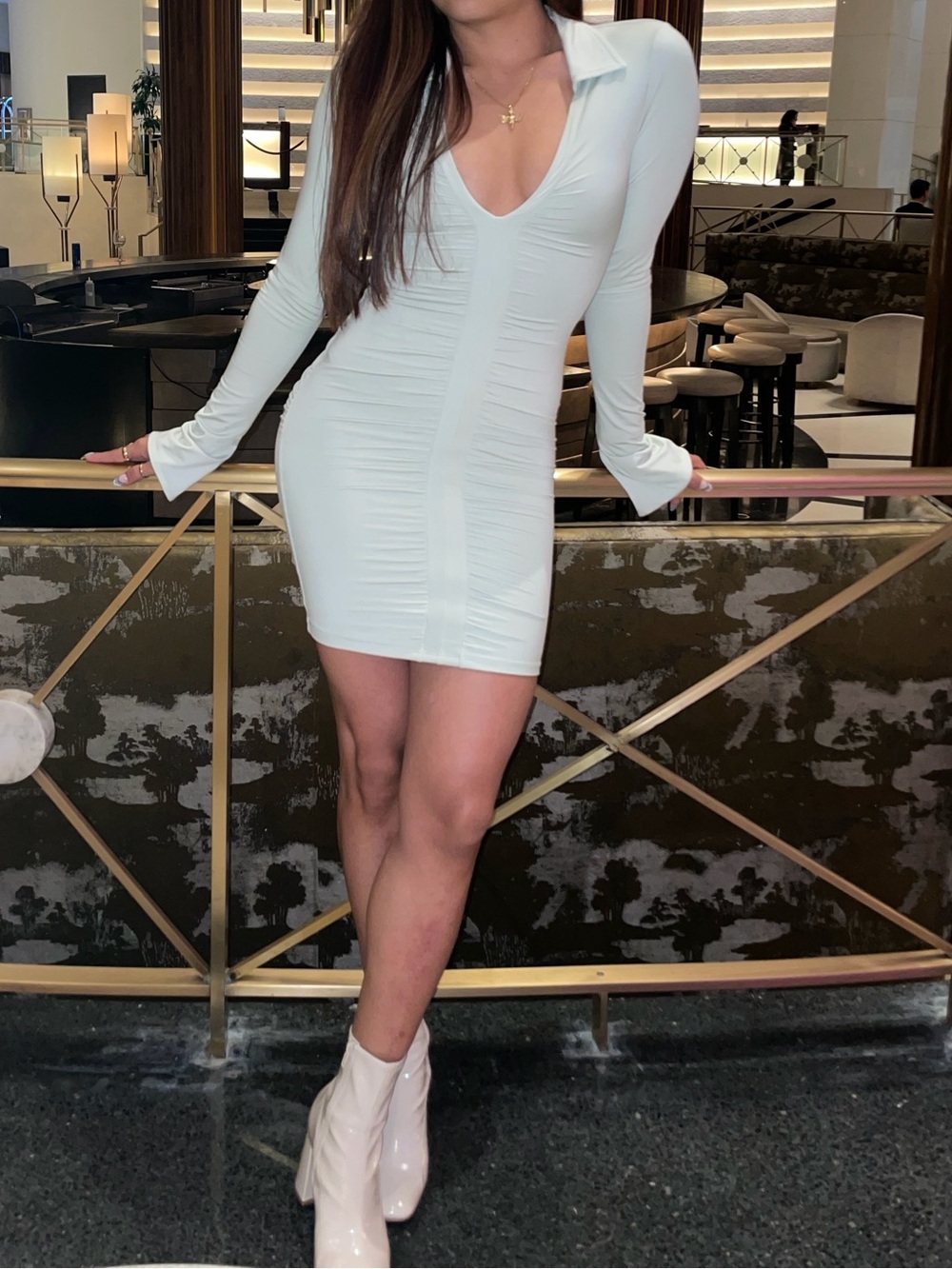 Oh Polly White Long-Sleeve V-Neck Bodycon Mini Dress